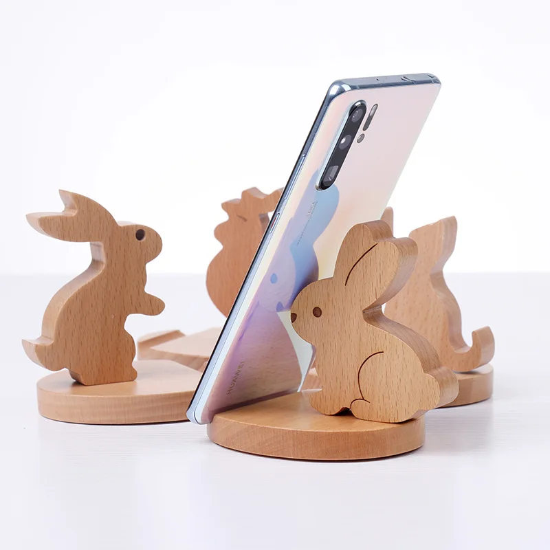 Twelve Zodiac Mobile Phone Holder Cartoon Rabbit Base Solid Wood Lazy Person Company Gift Carving