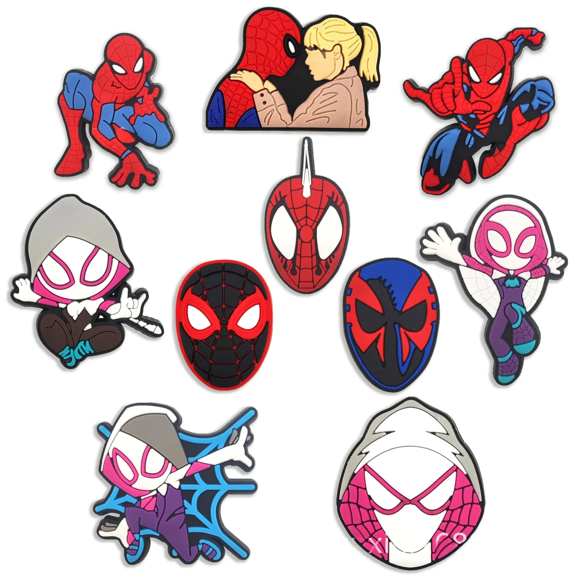Mesuca New 10Pcs Set Spider-Man Cute Gwen For Slides Sandals Rubber Shoe Charms Soft PVC Clog Pins Decor Custom DIY Accessories