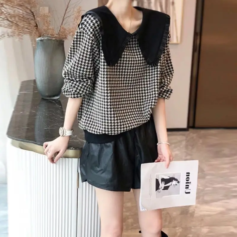 Spring Autumn New Fashion Round Neck Ruffles Long Sleeve Houndstooth Women's Clothing Casual All-match Korean Loose Trend Tops