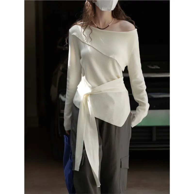 

Johnature Spring Autumn New French-Style Minimalist Irregular Lace-Up Women Knit Off-Shoulder T-Shirts