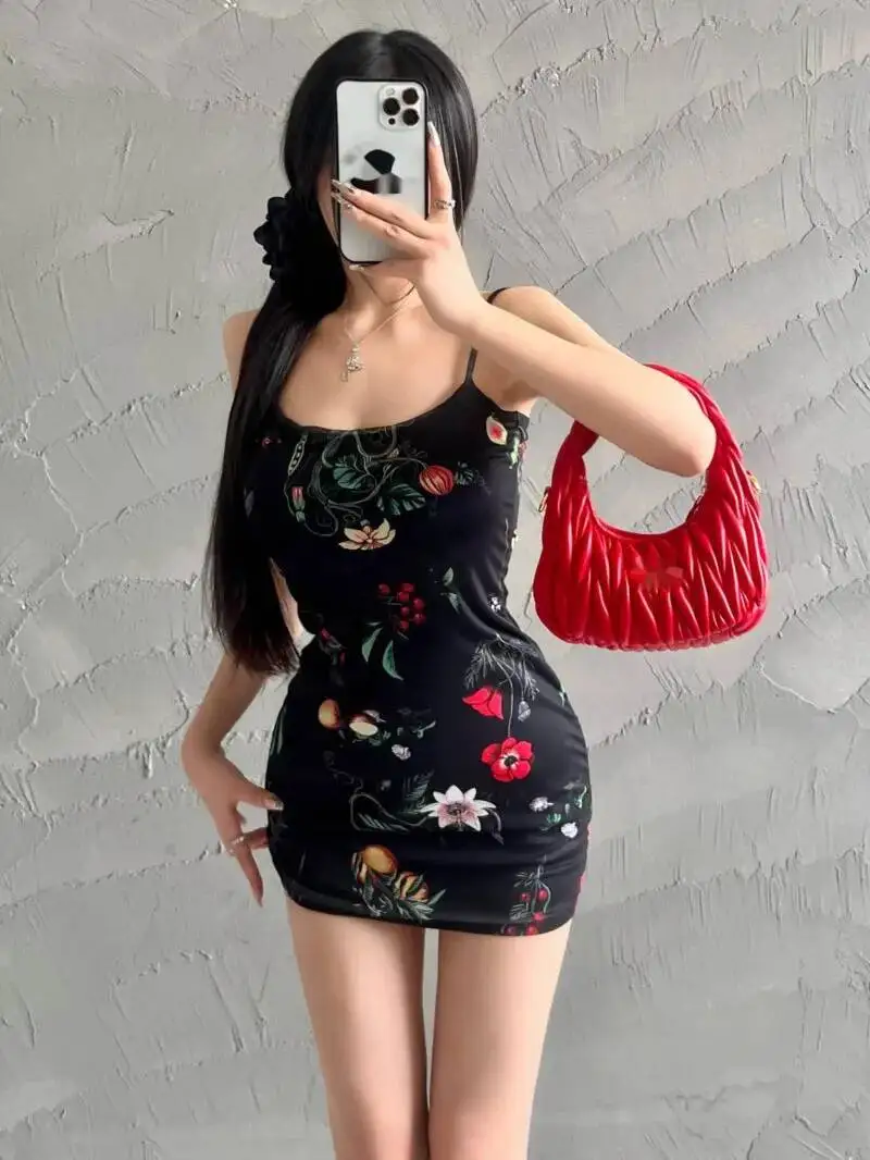 Vestido estampado de camisola borboleta elegante para mulheres, verão fino puro desejo curto tanque mini vestido 2025 nova moda feminina h7ok