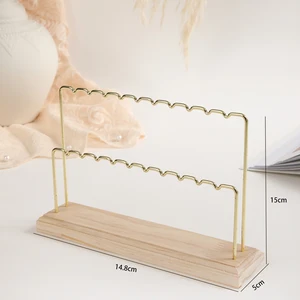 Double-Deck Jóias Display Stand, Madeira, Metal, Ouro, Contador, Pingente, Brincos, Anel, Colar, Relógio, Jóias Prateleira 10 principais vendas prateleira decorativa dourada - №4