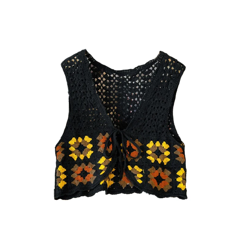 Hollow Crochet Sweater Vest Women Vintage V-Neck Lace Up Knit Cardigan 2024 Spring/Summer Versatile Loose Sleeveless Top