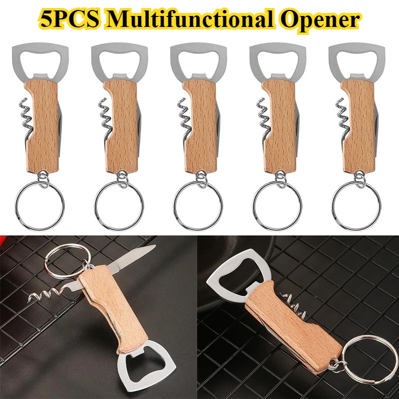 

5Pcs Beer Bottle Opener Keyring Keychain Stainless Steel Multifunctional Wooden Handle Corkscrew Wine Opener Bar Party Accessor