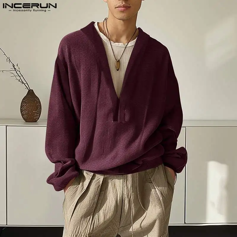 INCERUN Men Hoodies Solid Color V Neck Long Sleeve Loose Casual Sweatshirts Men Streetwear 2024 Fashion Leisure Pullovers S-5XL