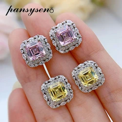 PANSYSEN 925 Sterling Silver 7MM Asscher Cut Citrine Sapphire High Carbon Diamond Stud Earrings for Women Wedding Party Jewelry