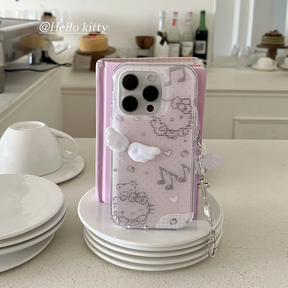 헬로키티 3D 날개 디자인 아이폰 16 15 14 Pro Max 범퍼 충격 방지 백 커버 (손목 스트랩 팔찌 참 포함)