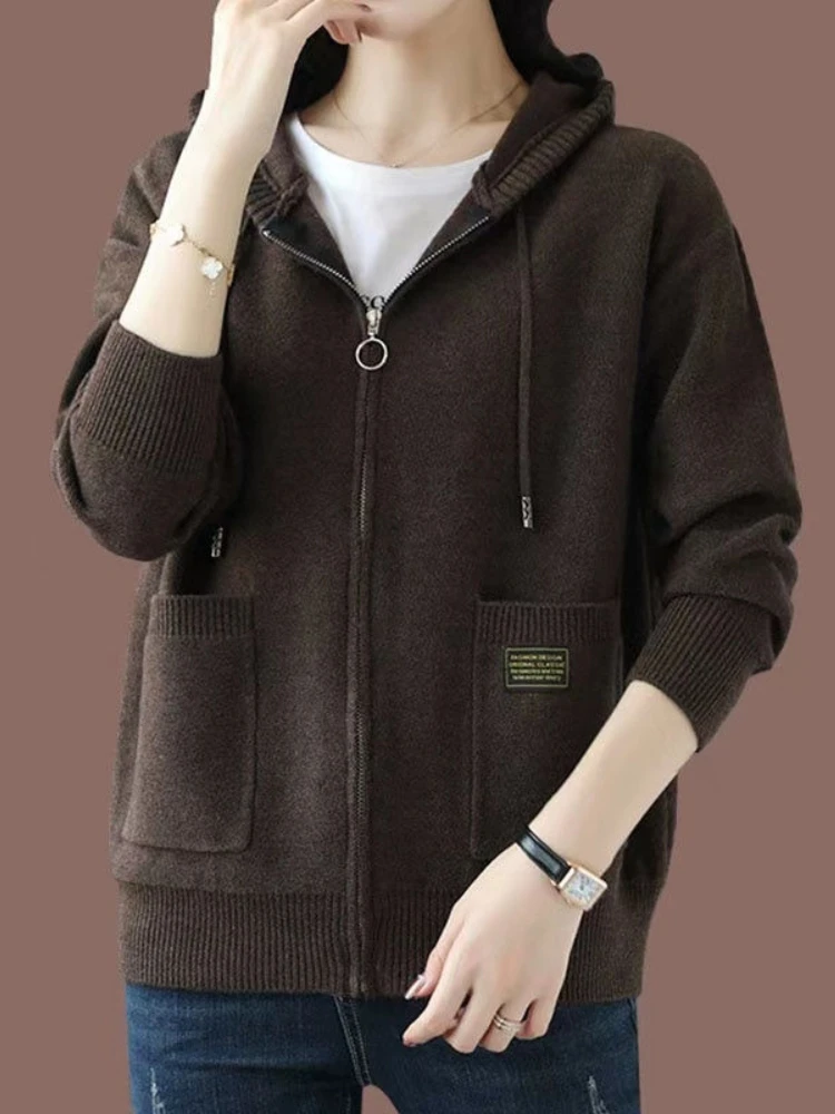 Winter Warm Women Casual Hooded Knitted Cardigan Spring Autumn Large Size Zipper New Sweater Coat Korean Fashion Knitwear Female