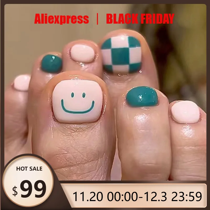 

24 шт., обувь в шахматном порядке, крутая, черная, розовая, милая улыбка, свежее озеро, зеленая шахматная доска, маленькие свежие ногти, носимый педикюр