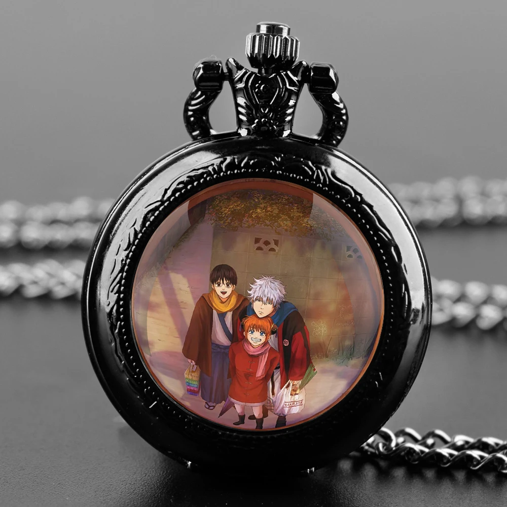 Anime Gintama Design Glass Dome, reloj de bolsillo con números árabes de cuarzo, collar, colgante, cadena de reloj, regalos para hombres, mujeres y niños