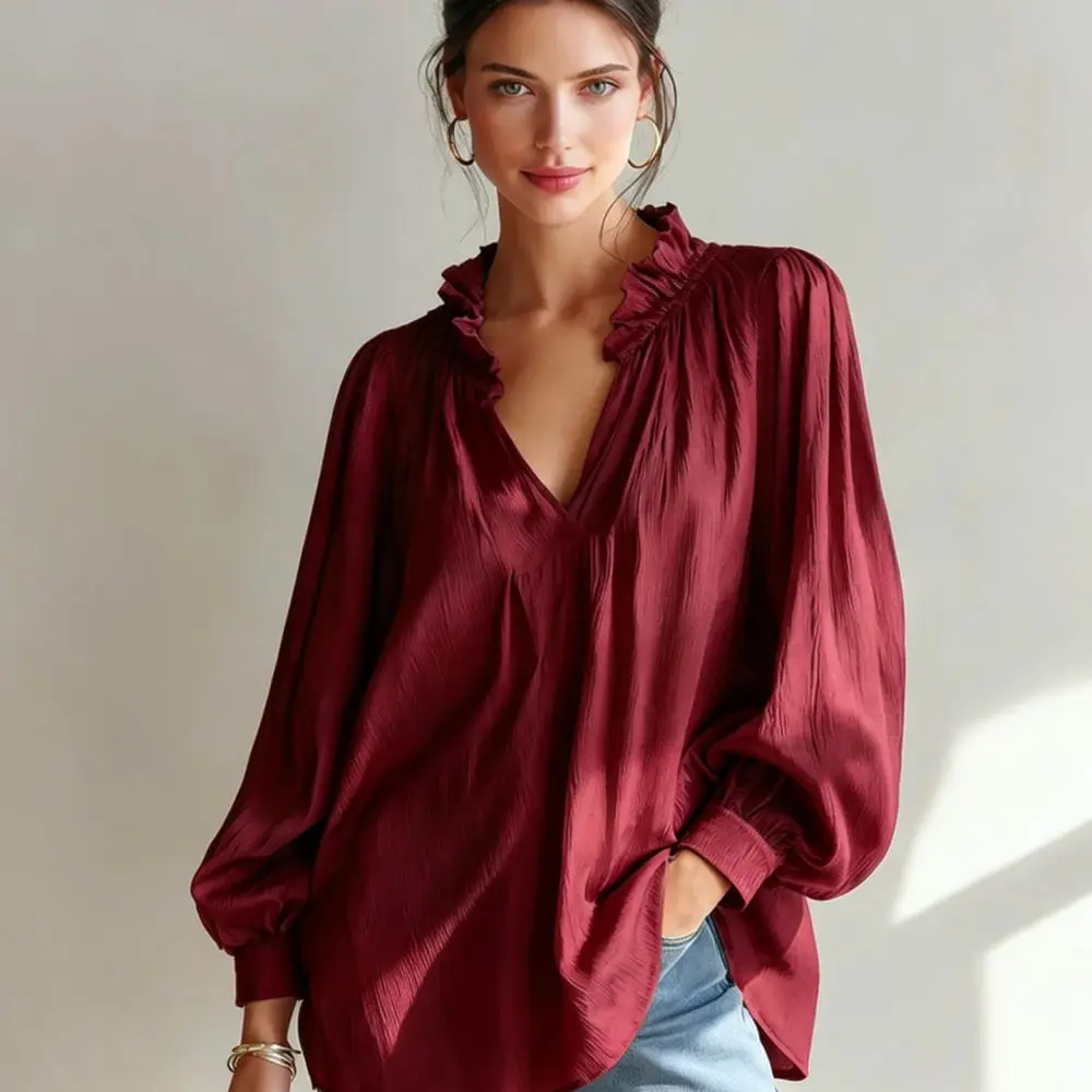Ladies Fashion V Neck Ruffle Blouse Puff Long Sleeve Shirt Casual Loose Pullover Tops Elegant Chic Autumn Wear