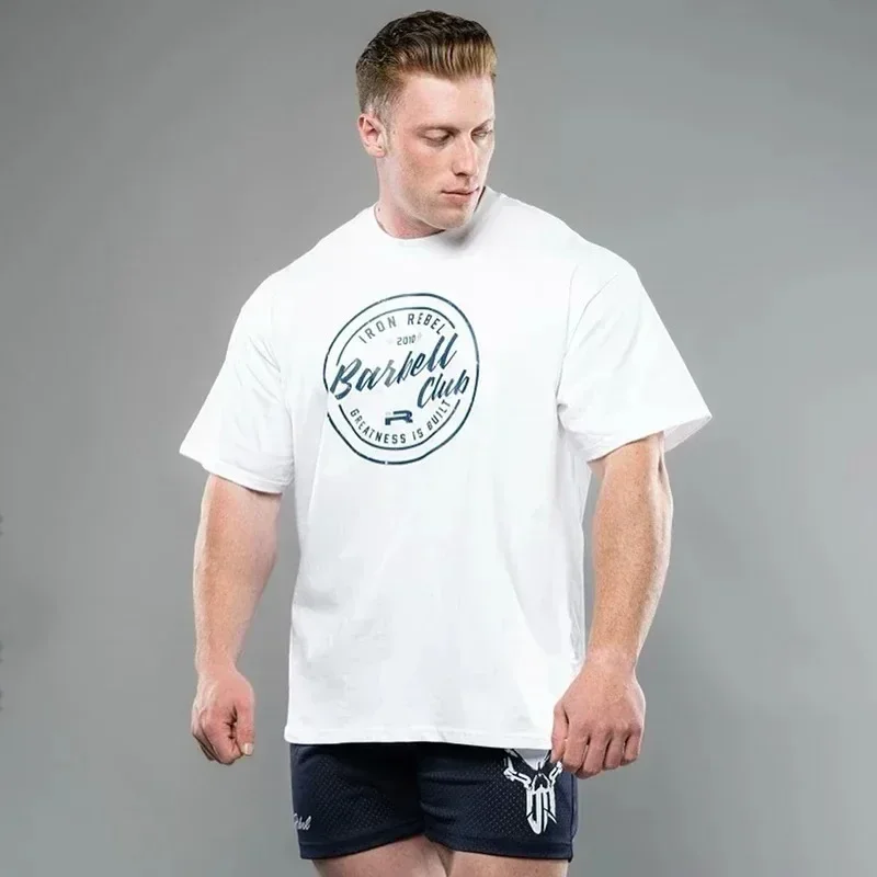 T-Shirt Fitness Gym Summer Loose Oversized Men's T-Shirt Sleeve short muscle sport men Tee Fitness jogging cotton crew neck Top