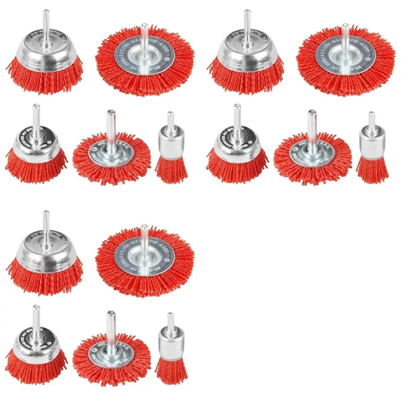 EYFL-15 PCS Nylon Filament Abrasive Wire Brush Wheel & Cup Brush Set With 1/4Inch Drill Shank, Nylon Drill Brush Set , Red