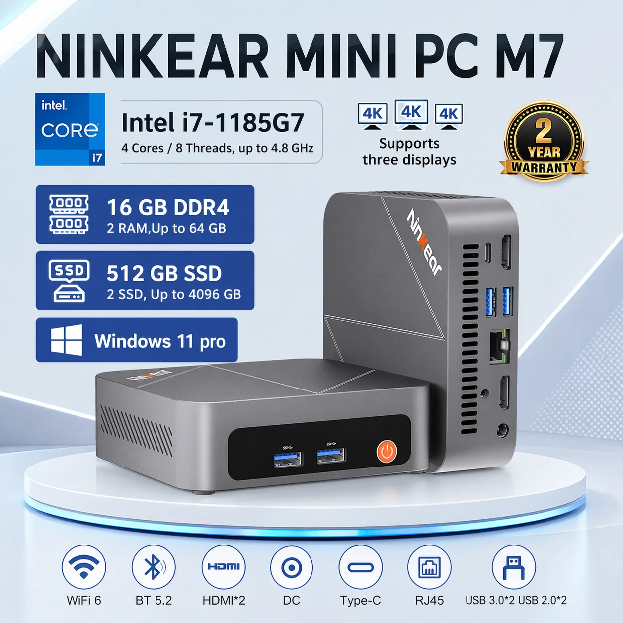 Mini PC Ninkear M7 con Intel Core i7-1185G7, Windows 11 PRO, 16GB de RAM DDR4, 512GB SSD, WIFI 6.0, BT5.2, Refrigeración por Ventilador