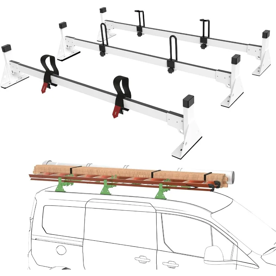 

46 Van Ladder Rack for Roof Mounting on 2014On Transit Connect White Color with 3 Bars Designed for HeavyDuty Cargo Transport