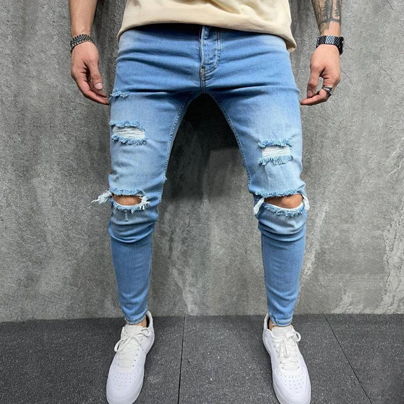 

Men High Waist Jeans Vintage Jean Zipper Fly Ripped Holes Bleached Slim Fit Pockets Ankle Length Trousers Distressed Washed New