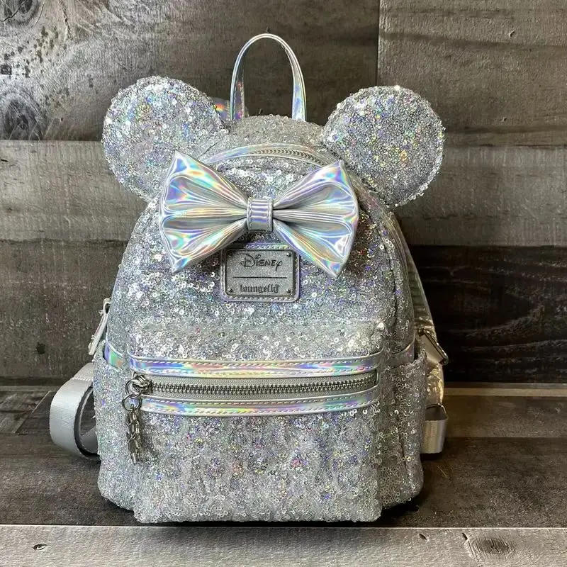 

Disney Loungefly Minnie Mouse Cartoon Holographic Silver Sequin Mini Backpack Fashion Ladies Shopping Decoration Backpack Gifts