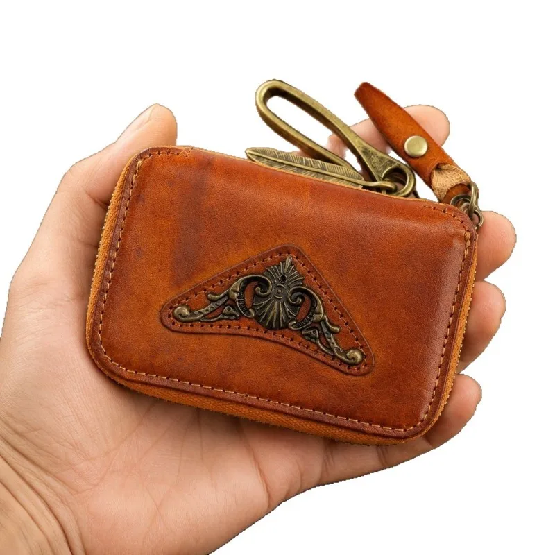2-in-1 Leather Key Wallet with Coin Pocket, Vintage Zipper Key Case with Multiple Key Hooks, Multi-Functional Organizer for Men