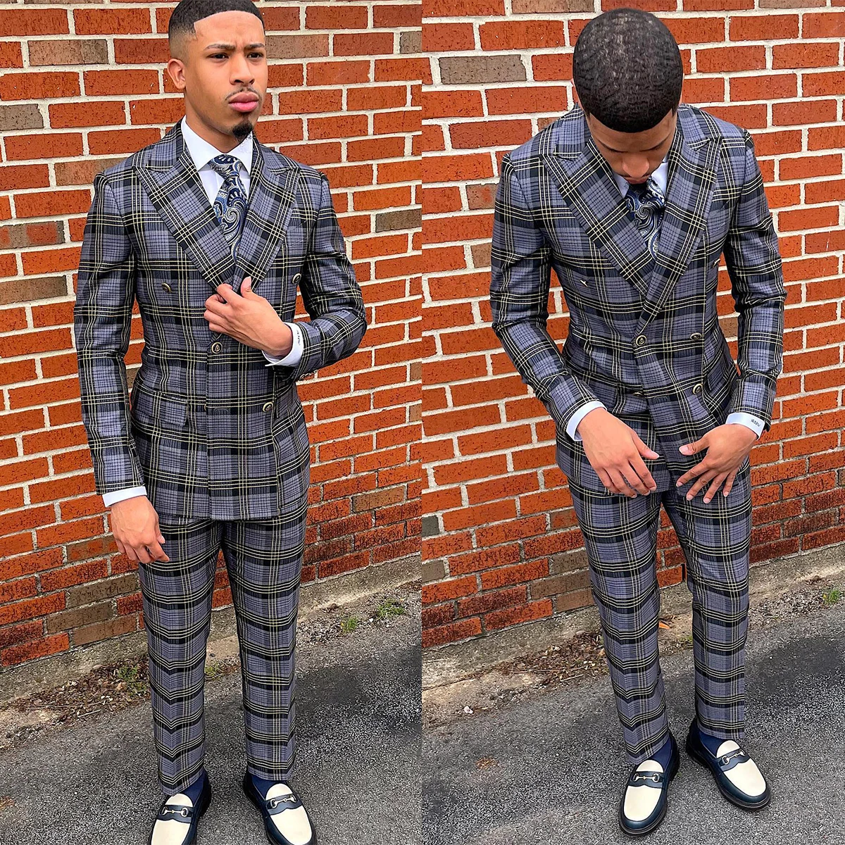 New Men\'s Suit 2 Pieces Blazer Pants Double Breasted Peaked Lapel Plaid Formal Stripes Wedding Groom Tailored Costume Homme