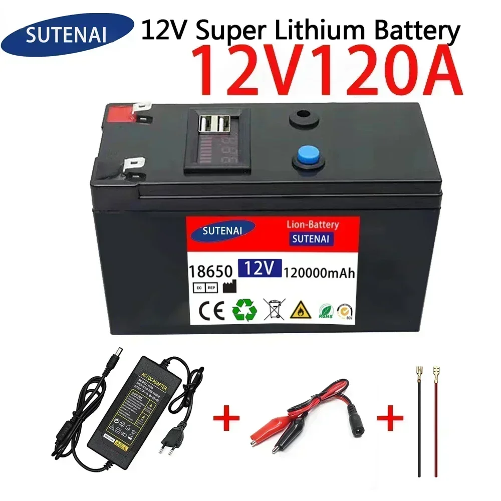 

12V Battery 120Ah 18650 lithium battery pack Rechargeable battery for solar energy electric vehicle battery+12.6v3A charger