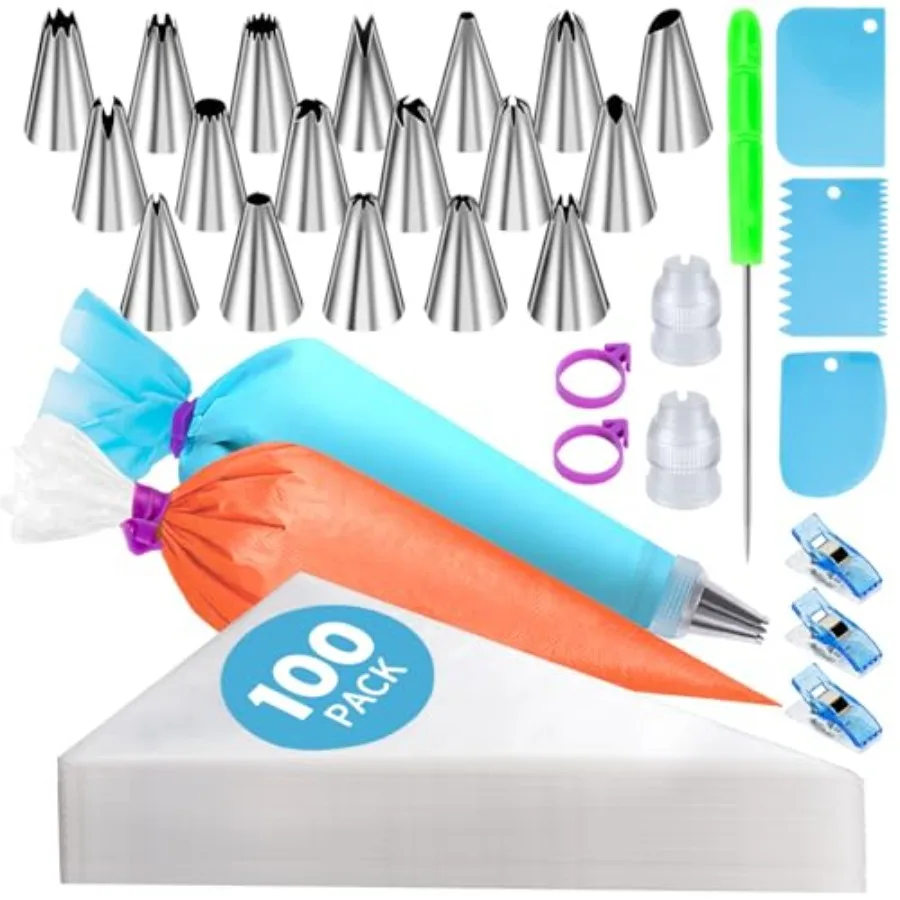 130 Pcs Piping Bags and Tips Set, Cakes Decorating Kit Supplies with 100 Pcs 12 Inch Piping Bags, 1 Reusable Pastry Bags, 18 Ti
