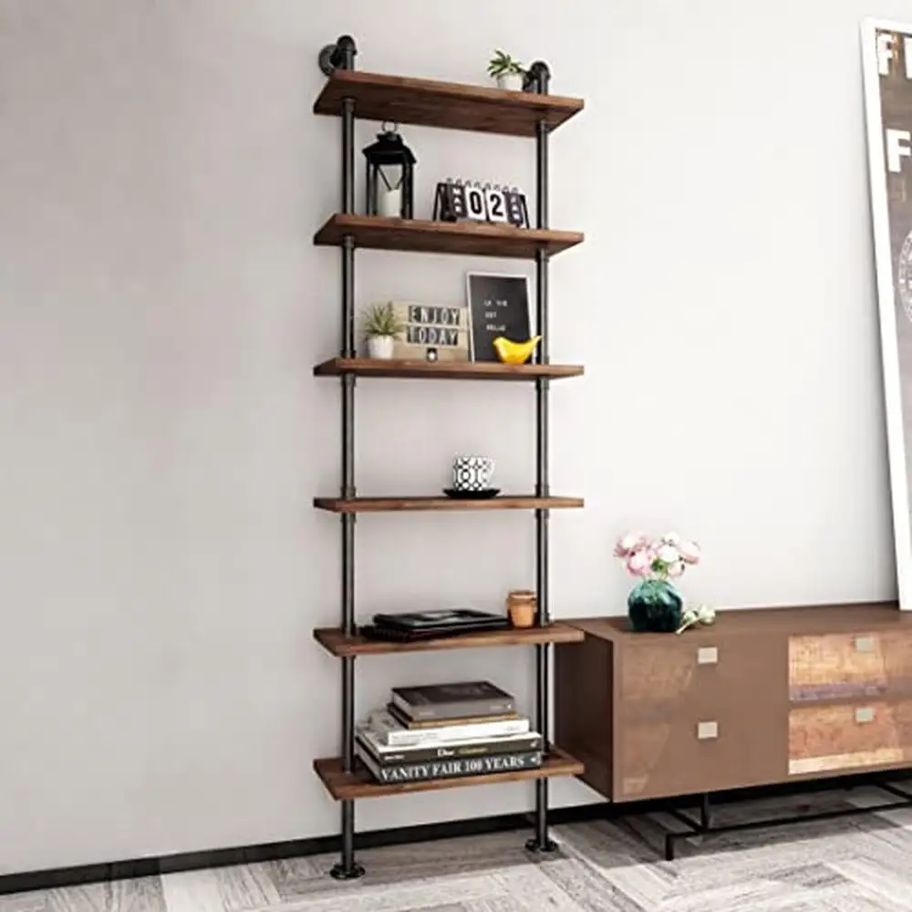 

6 Tier Industrial Pipe Bookshelves Open Design Sturdy Iron Wood Display Stand Shelf Large Capacity Living Room Kitchen Office