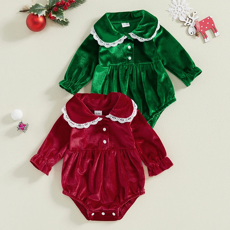 Baby Girl Spring Autumn Lace Trim Velvet Romper Long Sleeve Lapel Triangle-Bottom Jumpsuit Newborn Clothes