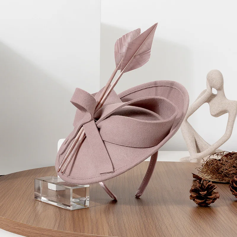 2026 Autumn Pure Wool Felt Fascinator Hat Hairbands French Style  Wedding Party Purple Pink Rose Woolen Feather Bow Fascinators