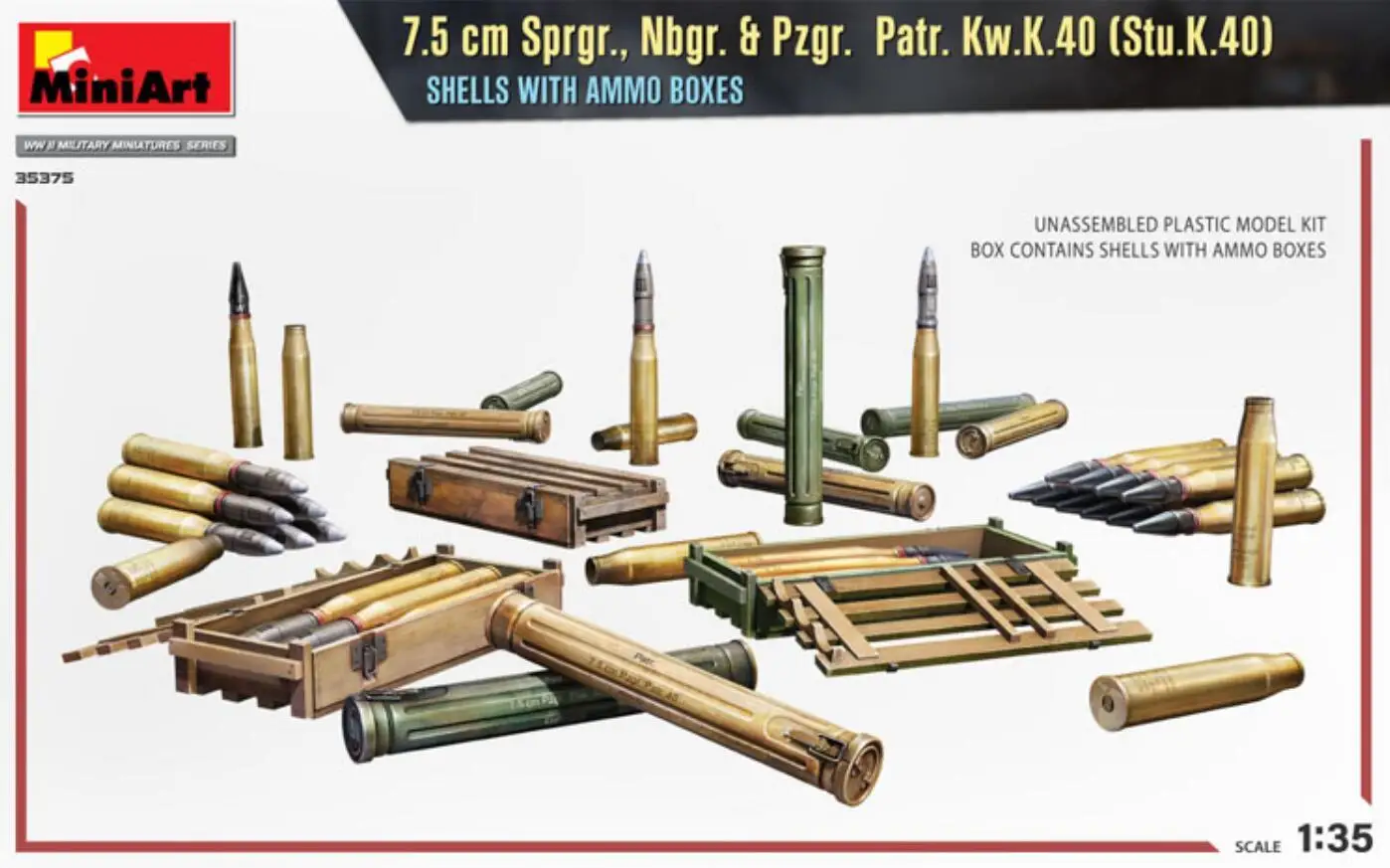 MiniArt 35375 1/35 Scale 7.5 cm Sprgr., Nbgr.& Pzgr.Patr.Kw.K.40 (Stu.K.40) Shells With Ammo Boxes