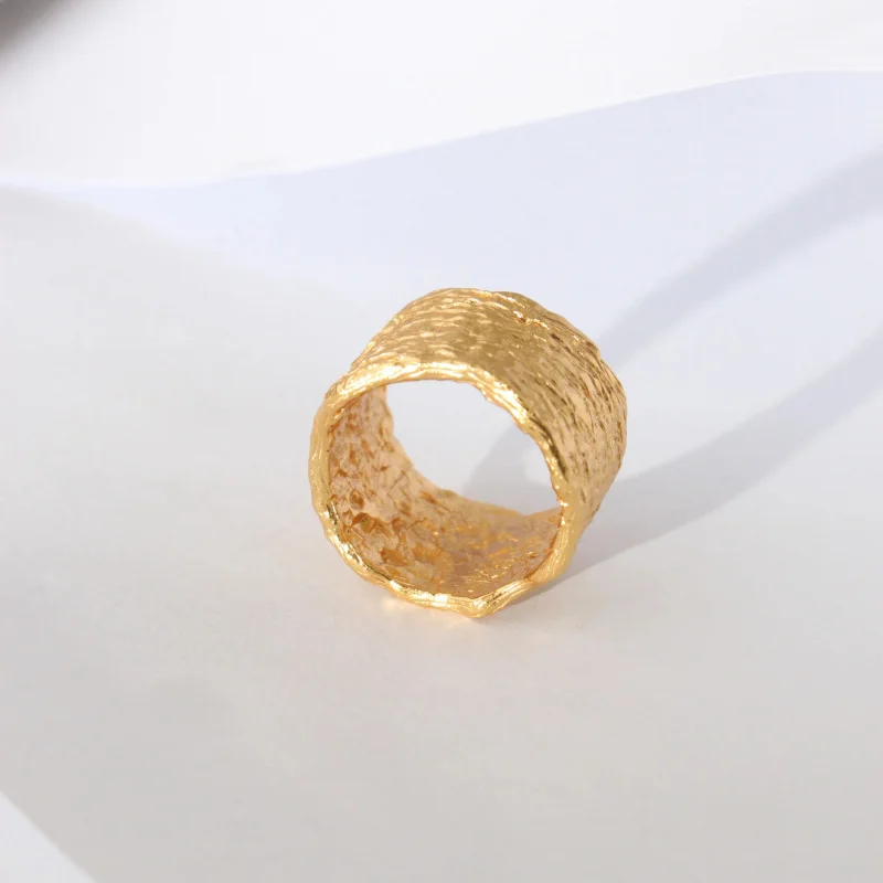 Litheline 24K Gold Plated Brass Molten Texture band Ring, Wide Design Lead-Nickel-Sensitive Unisex Jewelry view 3