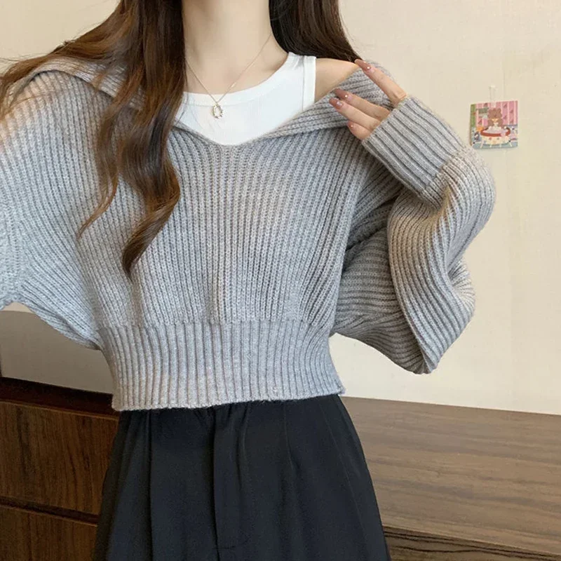 Long Sleeve Cropped Sweater Women Autumn Winter Turn Down Collar Knitted Jumper Woman Korean Style Solid Color Jerseys