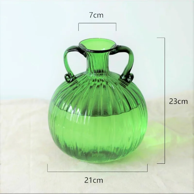 Style Green Vase with Two Ears and Big Belly Flower Arrangement Hydroponic Flower Vase Decoration