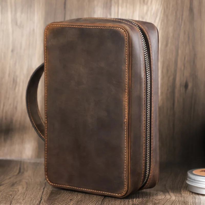 Vintage Crazy Horse Leather Tobacco Pouch Roll Bag Travel Case 2 Pack Storage Organizer view 3
