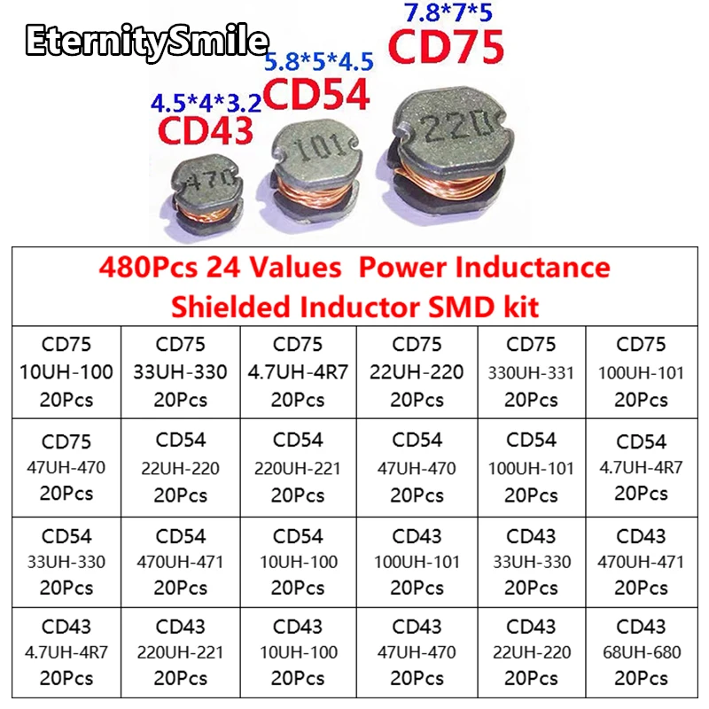 480 pz/scatola CD43 CD54 CD75 24 valore induttanza di potenza induttore schermato Kit SMD 3.3UH 4.7UH 10UH 22UH 33UH 47UH 100UH 470UH 680UH