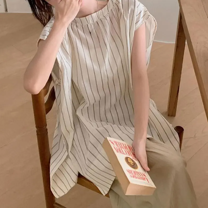 Casual  Striped Blouse Women's Clothing Sleeveless Loose Summer Commute Fashionable Spliced Basic O-neck Vintage Shirts