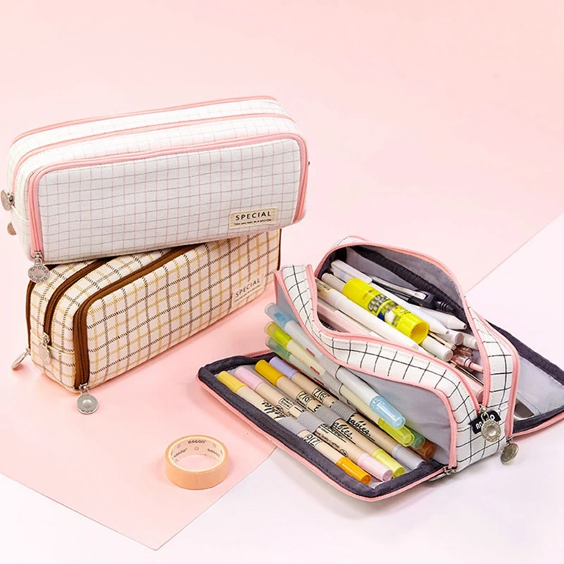 Große Kapazität Plaid Bleistift Fall 3 Fächer Bleistift Pouch Tragbare Leinwand Bleistift Tasche für Jungen Mädchen Studenten Stationäre 1Pcs