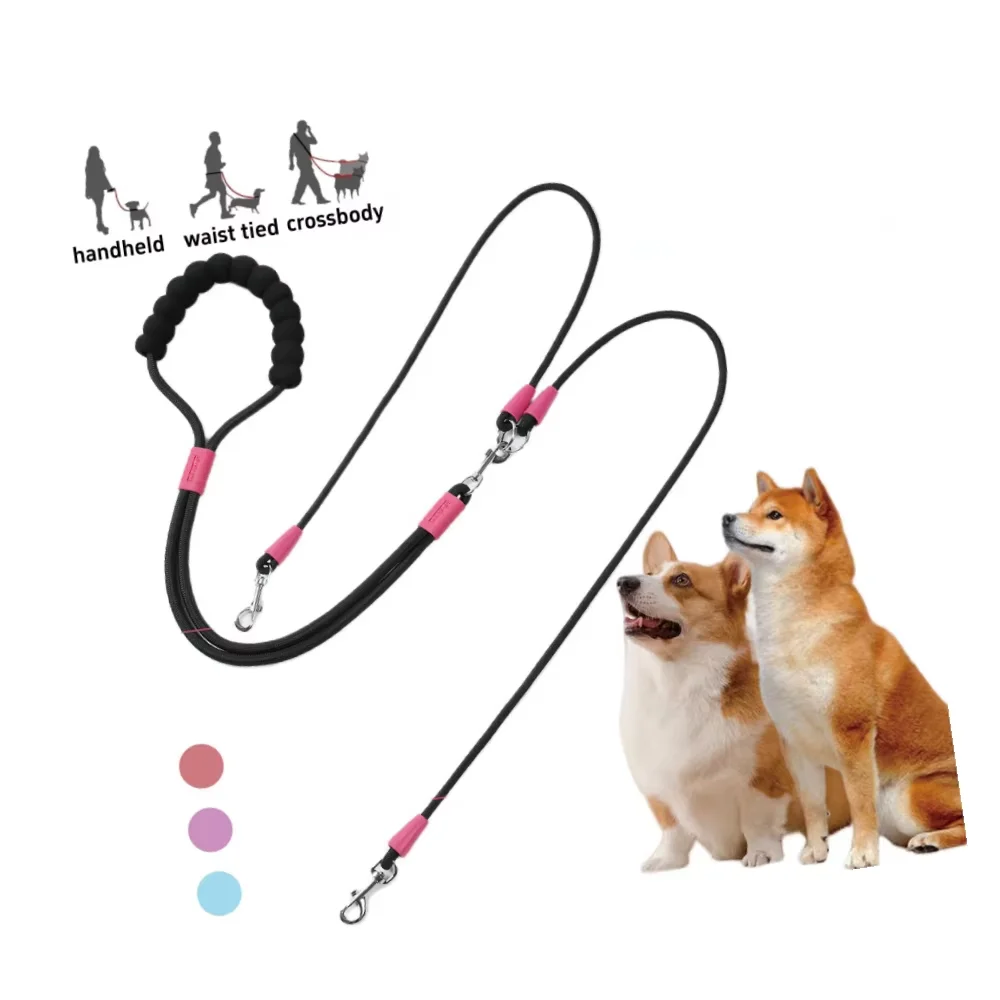Zhenjia Soft Foam Padded Handle Anti Waist Hands Free Adjustable 360 Swivel Walking Double Dog Leash For Two Dogs