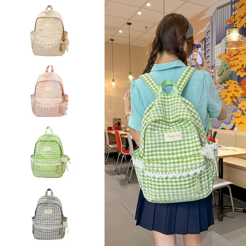 Forest Girls Nylon Backpack Campus Student School Bags Artistic Teen Daypack Checkered Lace Cute Backpack Casual Travel Rucksack