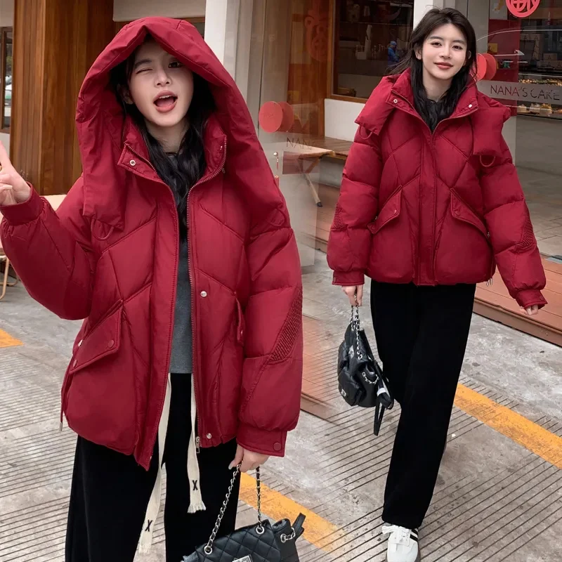 Winter New Down Cotton Padded Jacket Women Korean Short Loose Parkas Slimming Detachable Hat Thicken Warm Bread Coat Female Tops