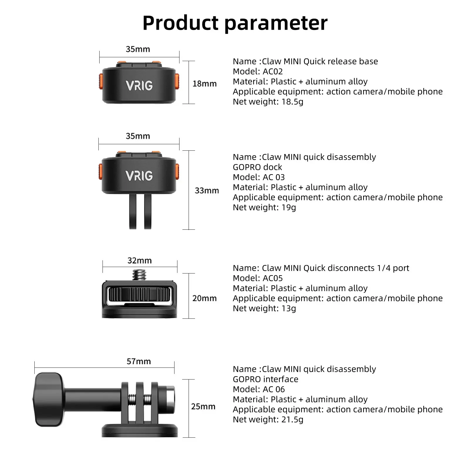 UURig VRIG Claw Mini Magnetic Quick Release Adapter GoPro Base 1/4 Tripod Adapter Mount for Gopro OSMO Insta360 Action Camera