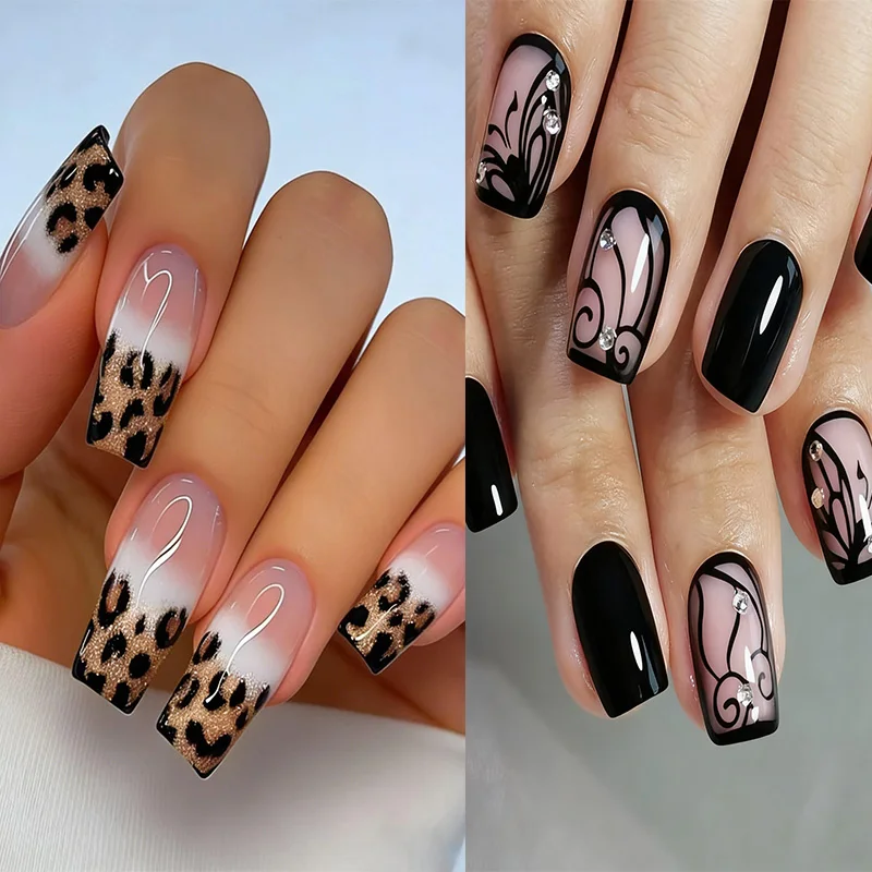 

24pcs French Almond Press on Nails Leopard Print False Nails Medium long fake nails for women girls