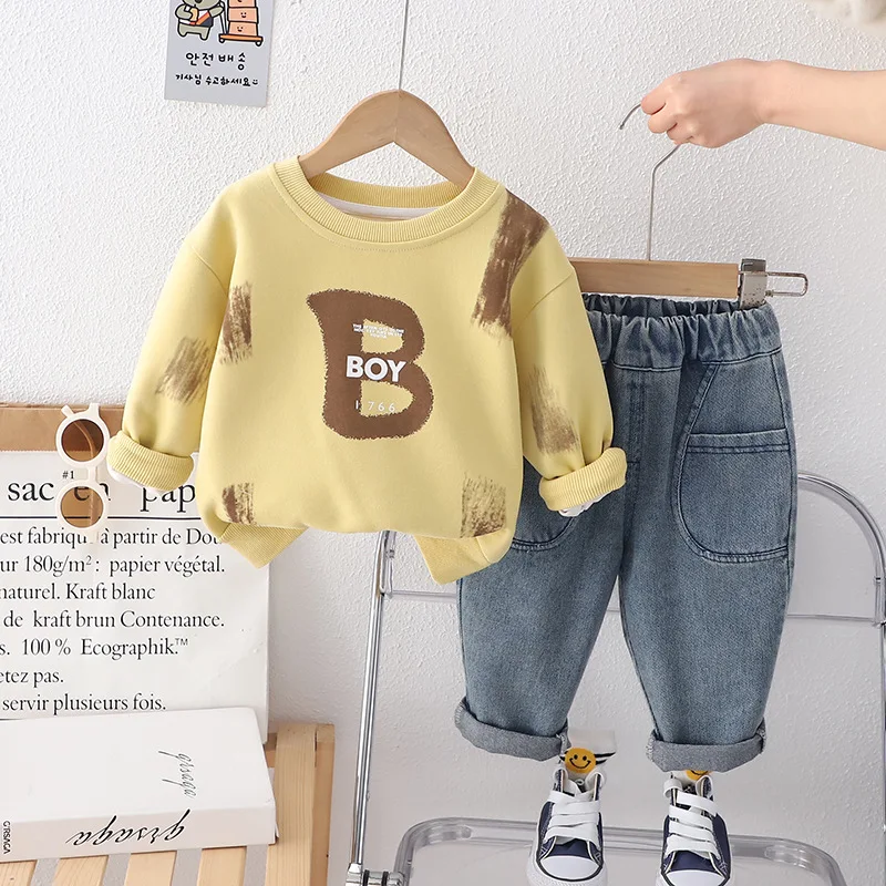 Infant Boys Daily Two Piece Clothes Set Retro Brush Texture Letter BOY Sweatshirt Loose Elastic Cuff Denim Trousers Suit
