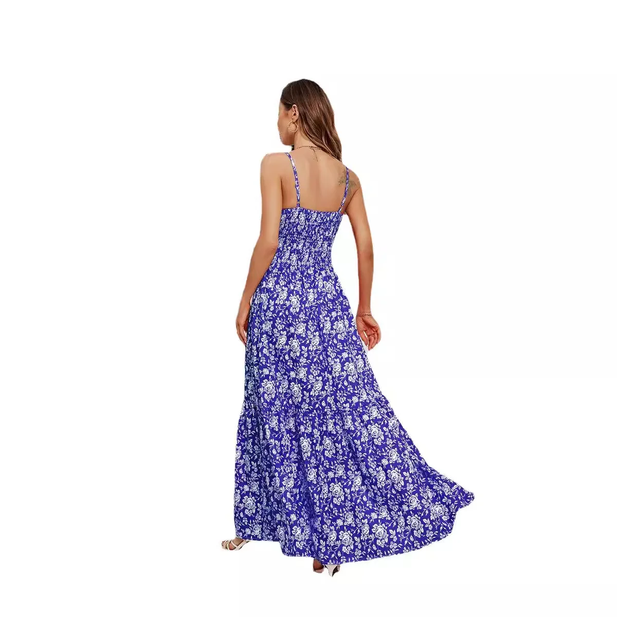 Woman Fashion Blue Green Floral Printed Long Camisole Top Dress with Thin Straps V-neck Lace Embroidered Sides Slits A-line