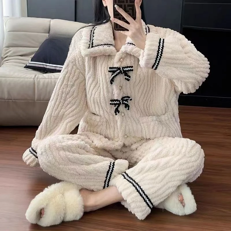 Add Fleece To Thicken Can Worn Outside Flannel A Loungewear Set Warm Pajamas Female Coral Fleece New Style Cute Princess Style