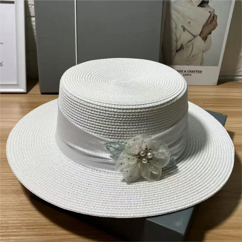 Hand-sewn beaded hats for women's fashionable outings flat-topped elegant Hepburn style