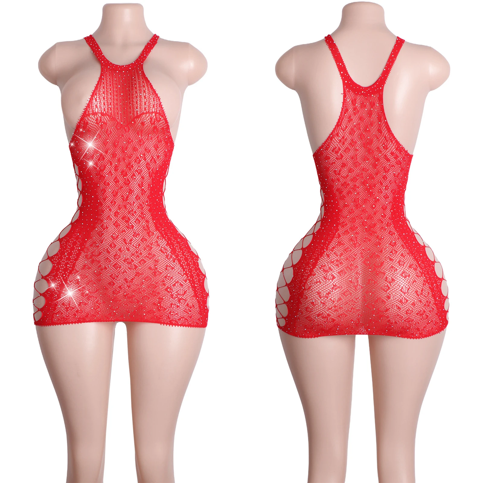 Rhinestone Sleeveless Fishnet Skirt Dress Sexy Lingerie Clubwear Performance Women Bodysuit Backless Exotic Wear