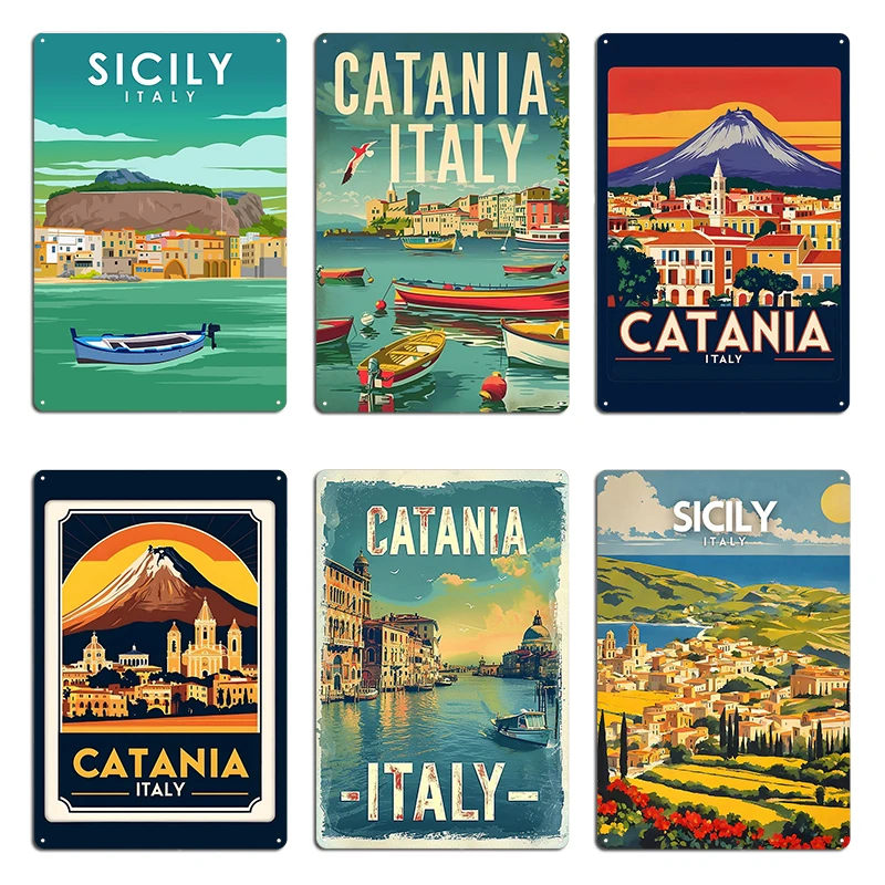 Sicília itália palermo vintage mínimo cartaz de viagem uma ilustração de viagem vintage de catania metal criar cartaz de sinal mural de parede
