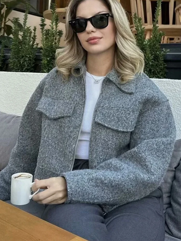 HH Vintage Frauen Weiche Wolljacke 2024, Langarm Mit Tasche, Reißverschluss, Kunstpelzmantel, Mode, Weibliche Kleidung, Oberbekleidung