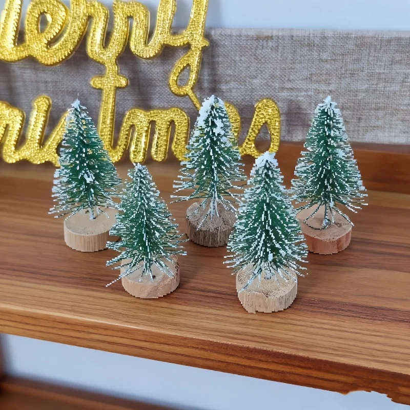 15pcs Mini Artificial Sisal Snow Bottle Brush Trees with Wooden Base, Christmas Tabletop Ornaments, Household Holiday Party
