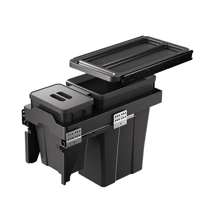 

Kitchen cabinet embedded trash can, blocking drawer type